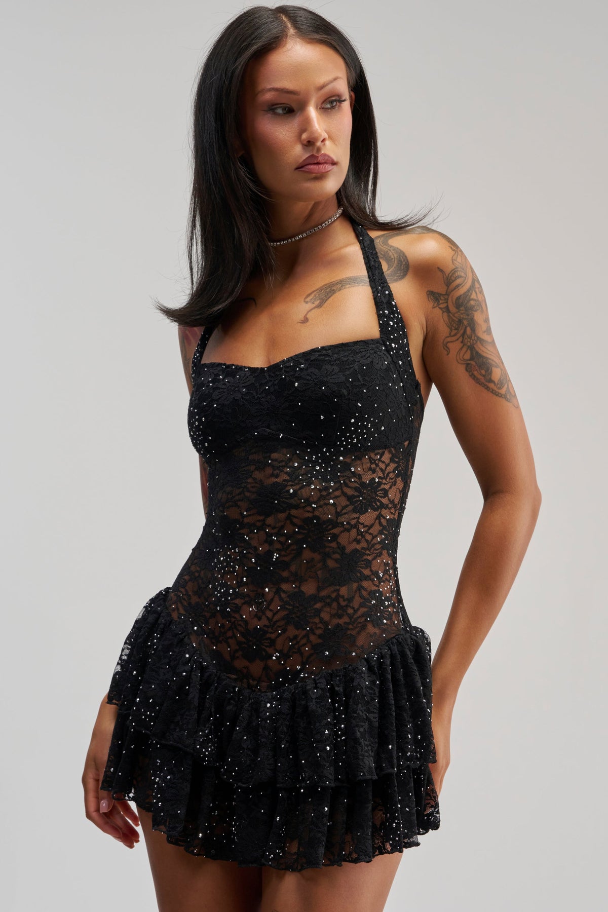 SEE RIGHT THROUGH ME LACE MINI DRESS IN BLACK