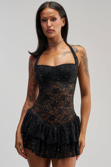 SEE RIGHT THROUGH ME LACE MINI DRESS IN BLACK
