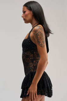 SEE RIGHT THROUGH ME LACE MINI DRESS IN BLACK