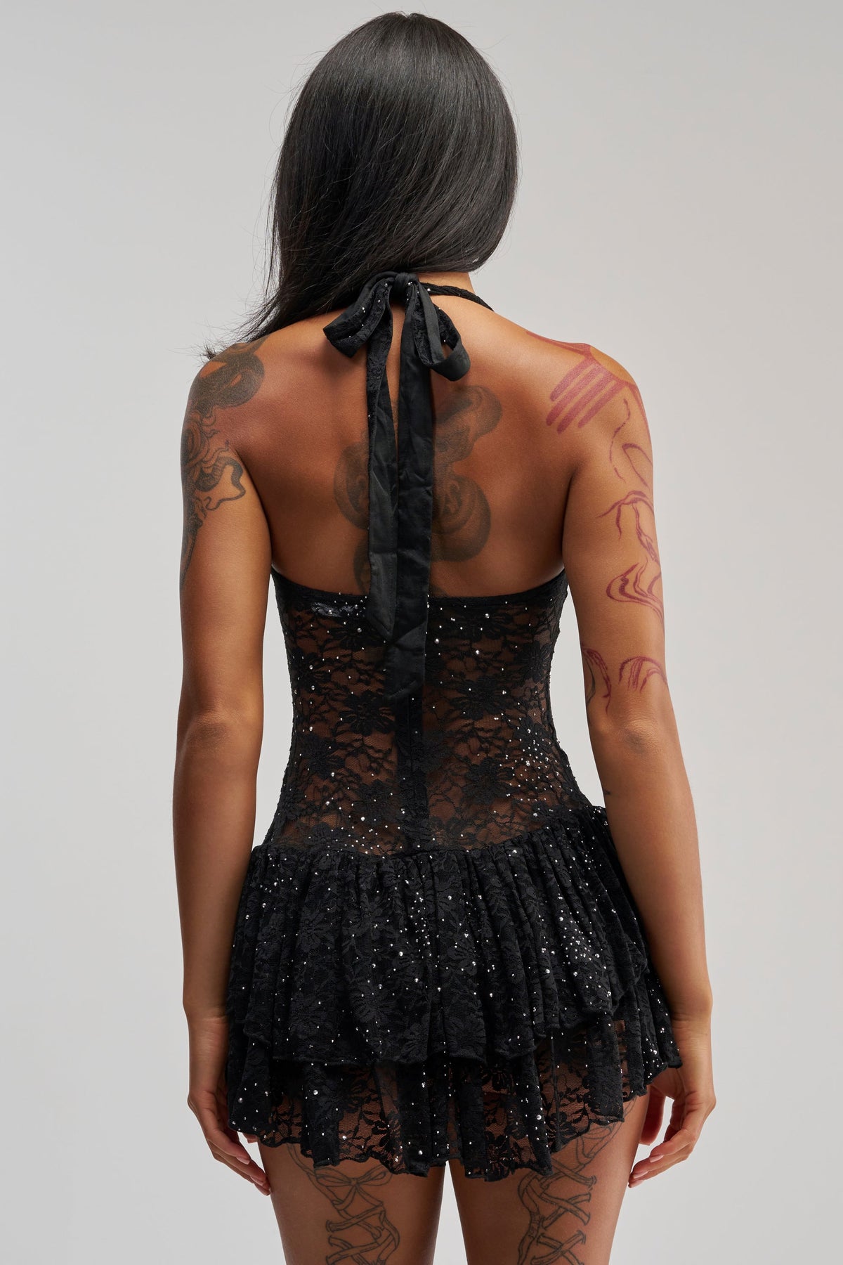 SEE RIGHT THROUGH ME LACE MINI DRESS IN BLACK