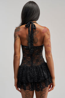 SEE RIGHT THROUGH ME LACE MINI DRESS IN BLACK