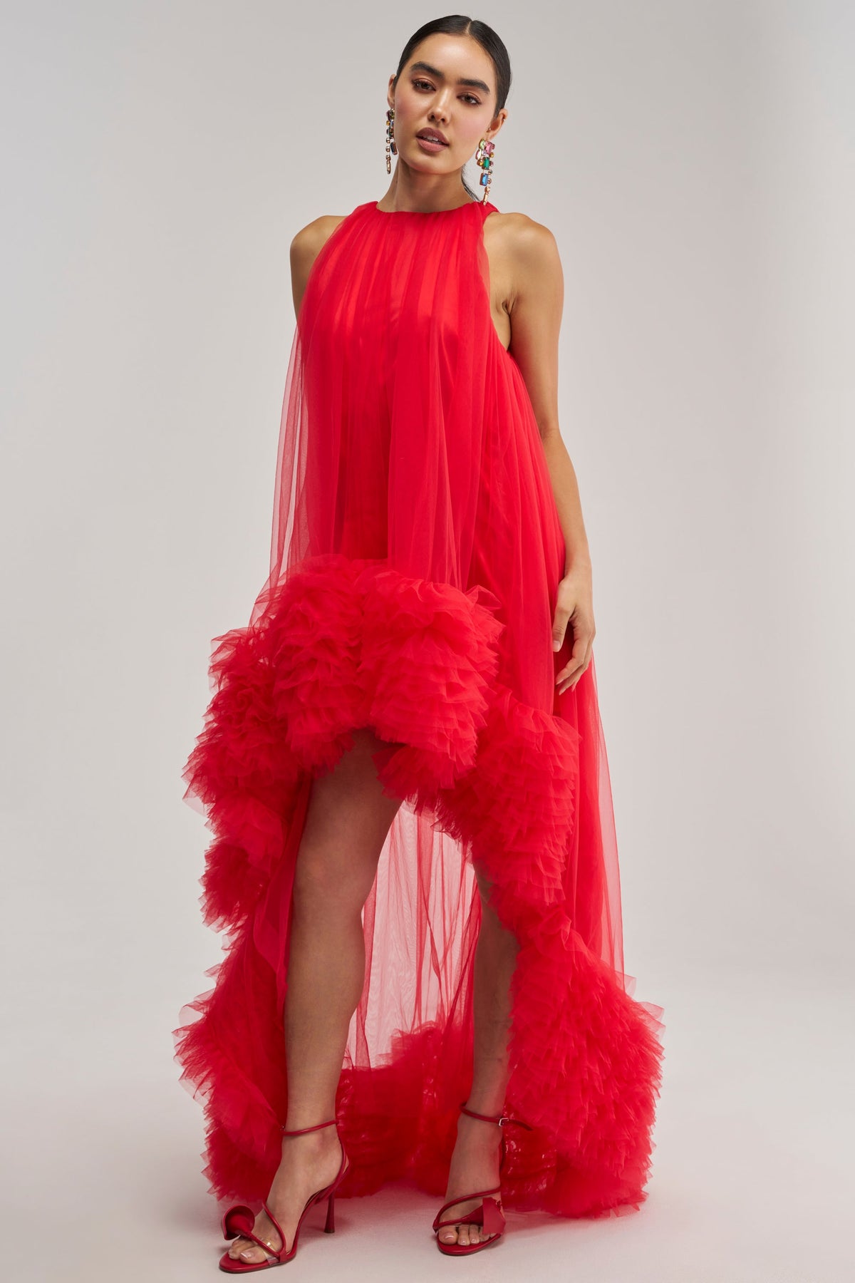 ARI TULLE RUFFLE HIGH LOW MINI DRESS IN RED