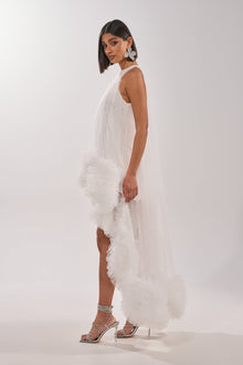 ARI TULLE RUFFLE HIGH LOW MINI DRESS IN WHITE