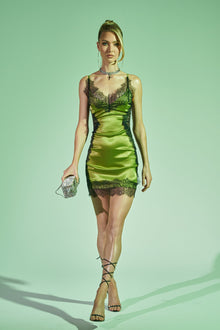 Sisoras SHOW US WHAT YOU GOT SATIN MINI DRESS IN GREEN