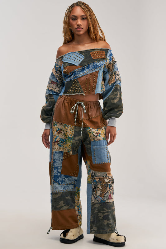 CALL EM CRAZY PATCHWORK JOGGER IN BROWN MULTI