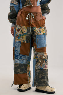 CALL EM CRAZY PATCHWORK JOGGER IN BROWN MULTI