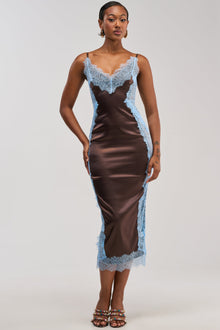 ESSENTIAL LACE TRIM SATIN SLEEVELESS MAXI DRESS IN BROWN