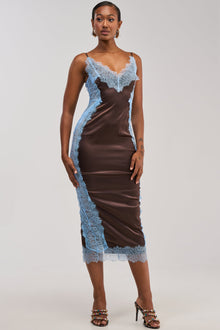 ESSENTIAL LACE TRIM SATIN SLEEVELESS MAXI DRESS IN BROWN