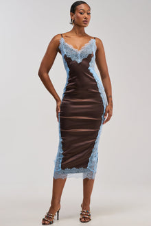 ESSENTIAL LACE TRIM SATIN SLEEVELESS MAXI DRESS IN BROWN