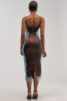ESSENTIAL LACE TRIM SATIN SLEEVELESS MAXI DRESS IN BROWN