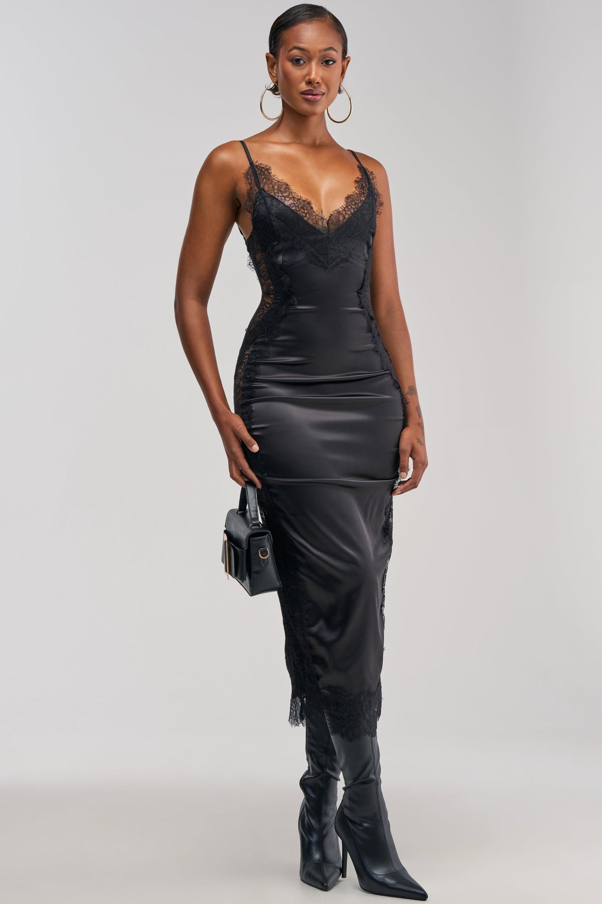 Sisoras ESSENTIAL LACE TRIM SATIN MIDI DRESS IN BLACK