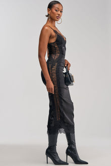 Sisoras ESSENTIAL LACE TRIM SATIN MIDI DRESS IN BLACK