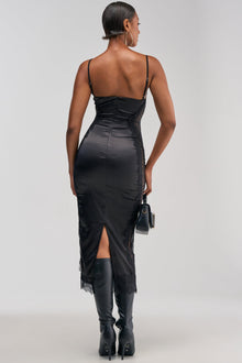 Sisoras ESSENTIAL LACE TRIM SATIN MIDI DRESS IN BLACK