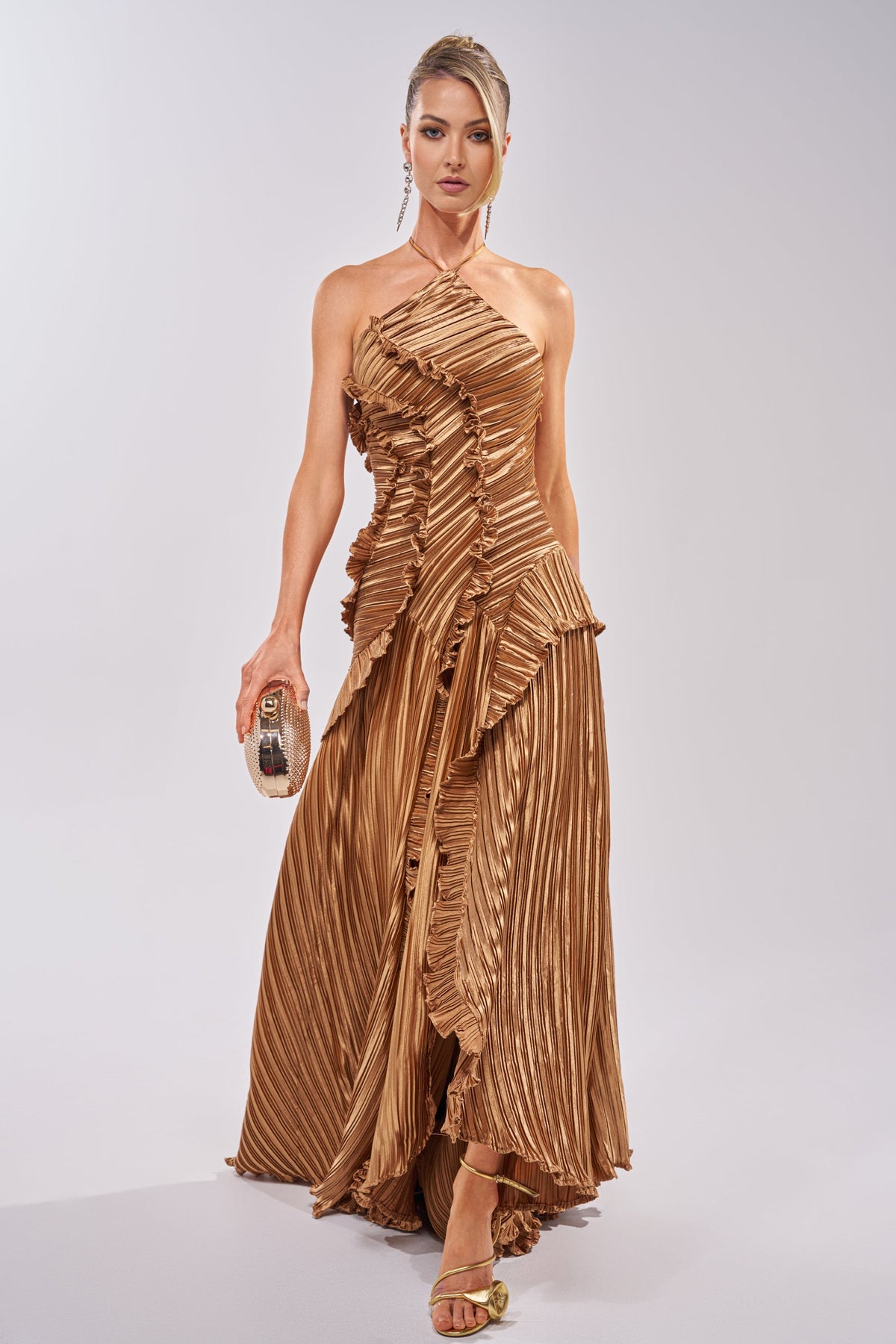 CELESTE RUFFLE MAXI DRESS IN BRONZE