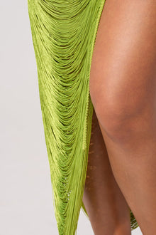 SOFIA FRINGE HIGH SLIT MIDI DRESS IN GREEN