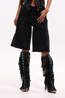 BLING BLING RHINESTONE BERMUDA DENIM SHORT IN BLACK