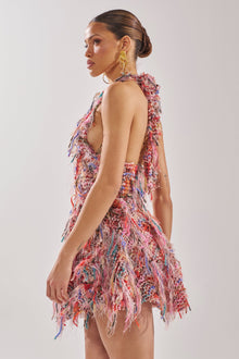 ROMY FRINGE MESH MINI DRESS IN PINK