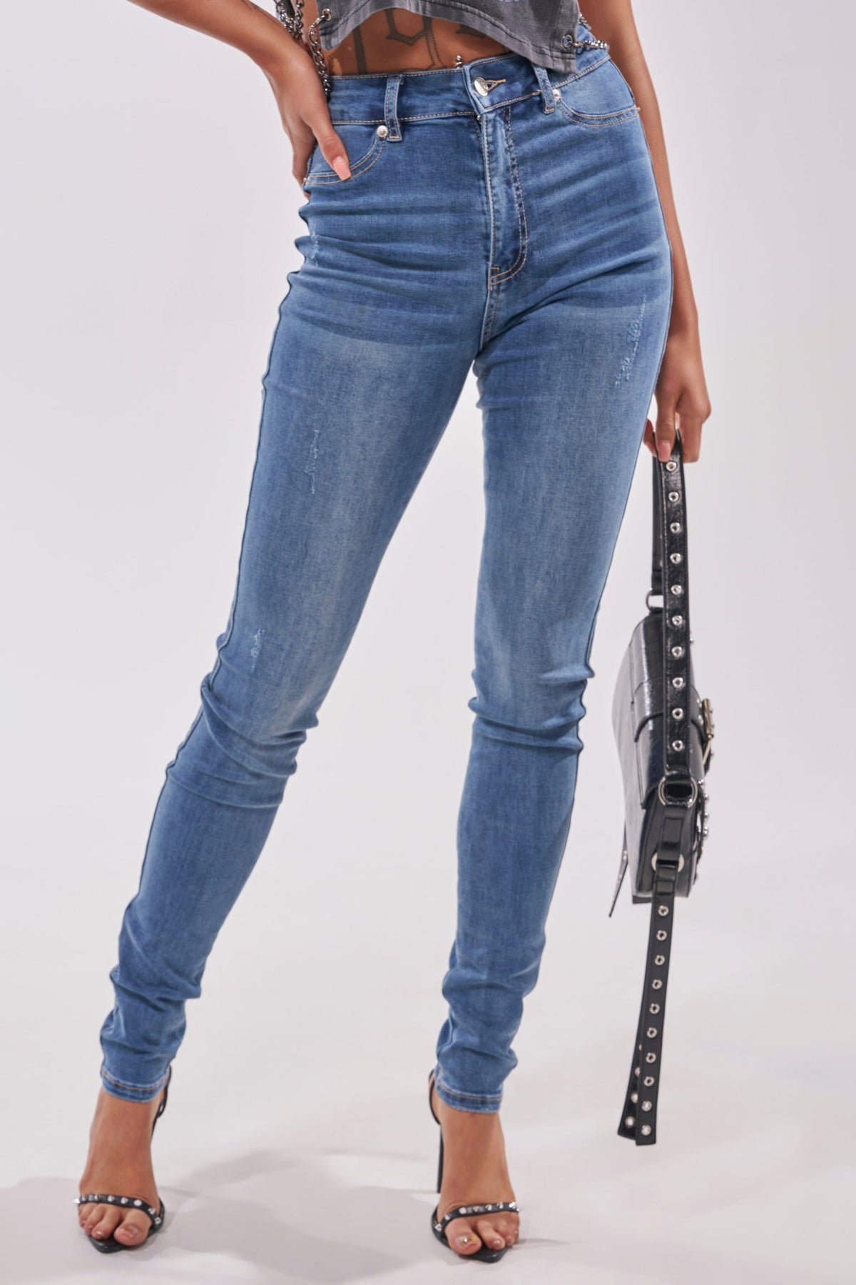 Sisoras FLEX-FIT HIGH WAISTED SUPER STRETCHY SKINNY JEANS IN MEDIUM BLUE DENIM