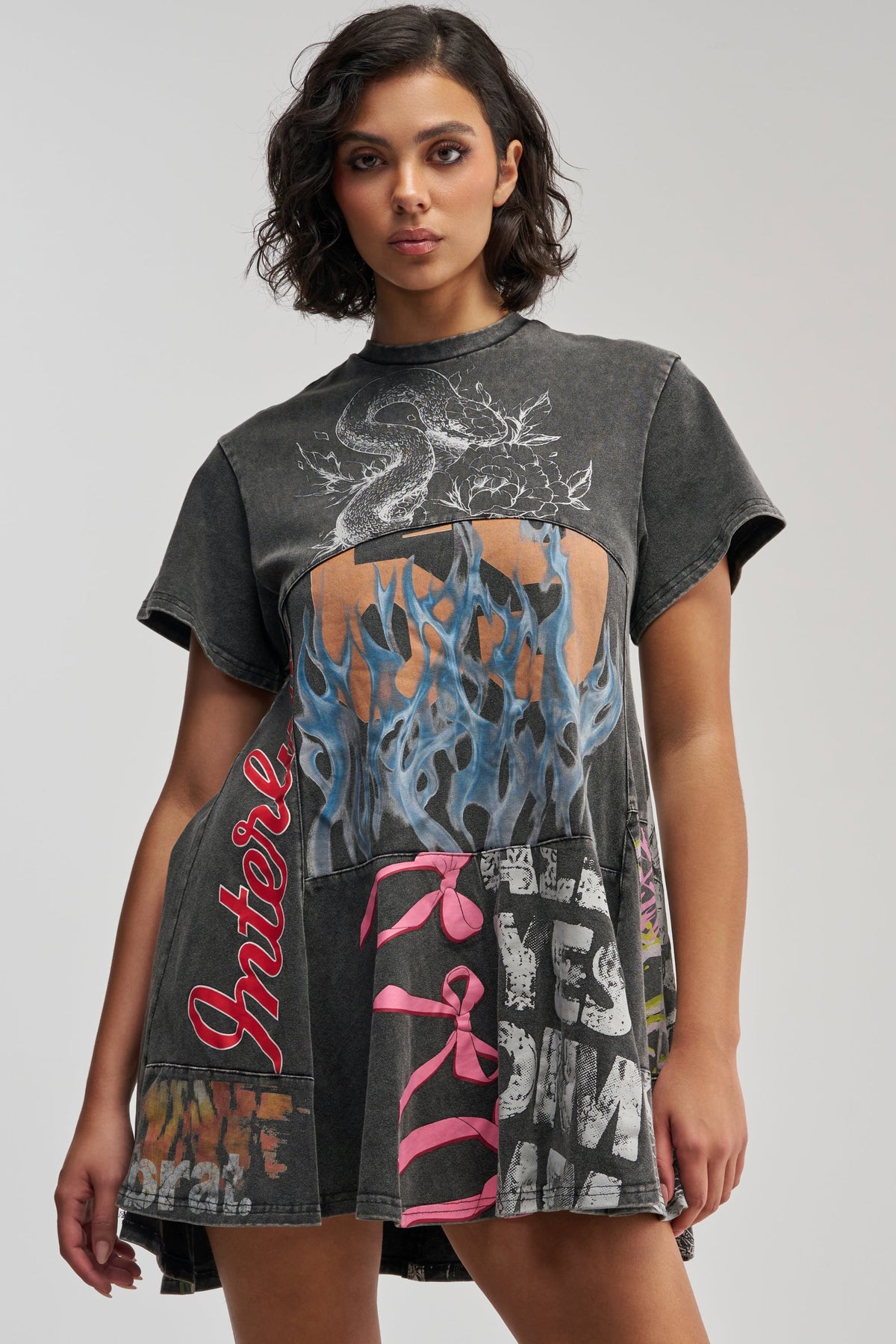 COLD HEARTED GRAPHIC MINI DRESS IN BLACK MULTI