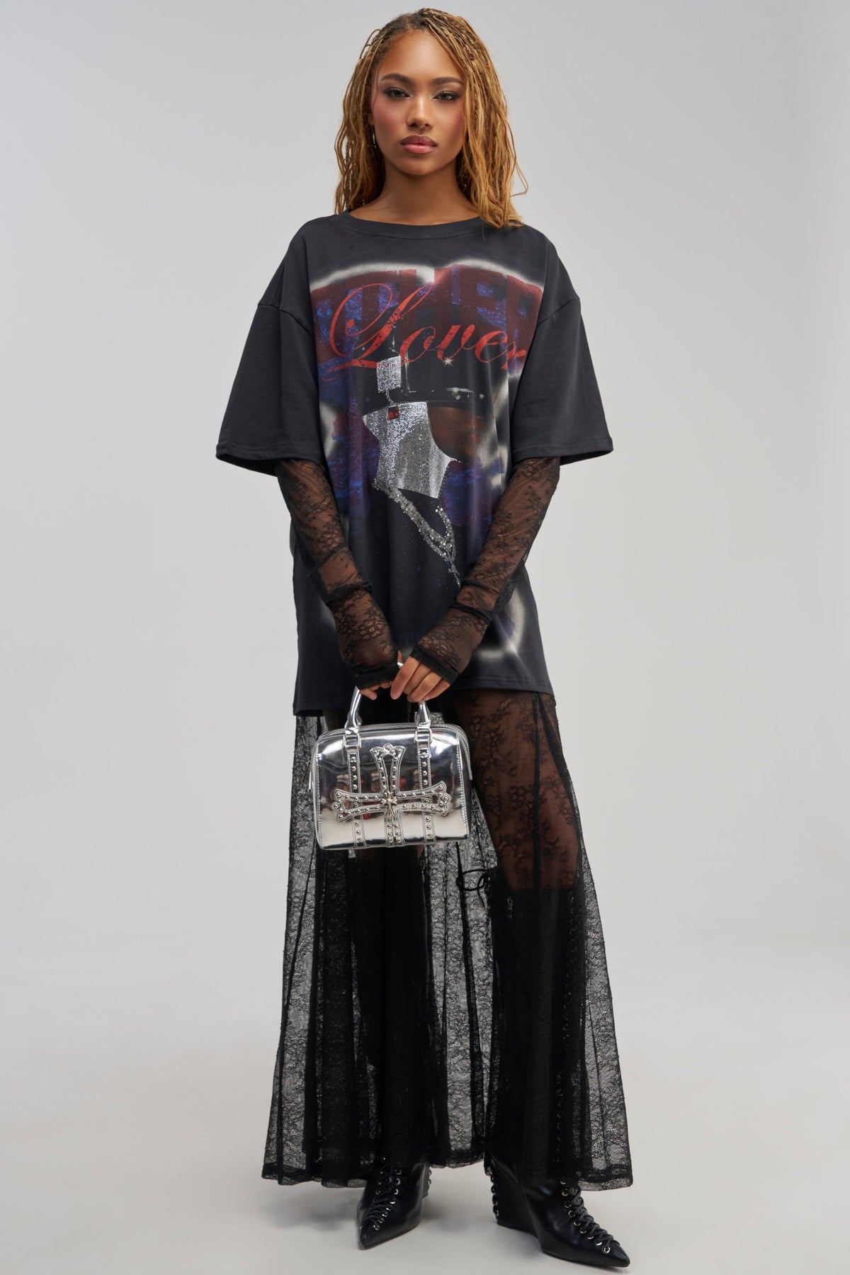 Sisoras GIRLY BUT NOT LAYERED LACE MIDI DRESS IN BLACK MULTI