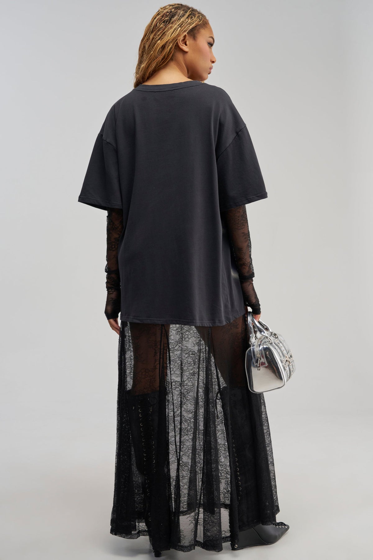 Sisoras GIRLY BUT NOT LAYERED LACE MIDI DRESS IN BLACK MULTI