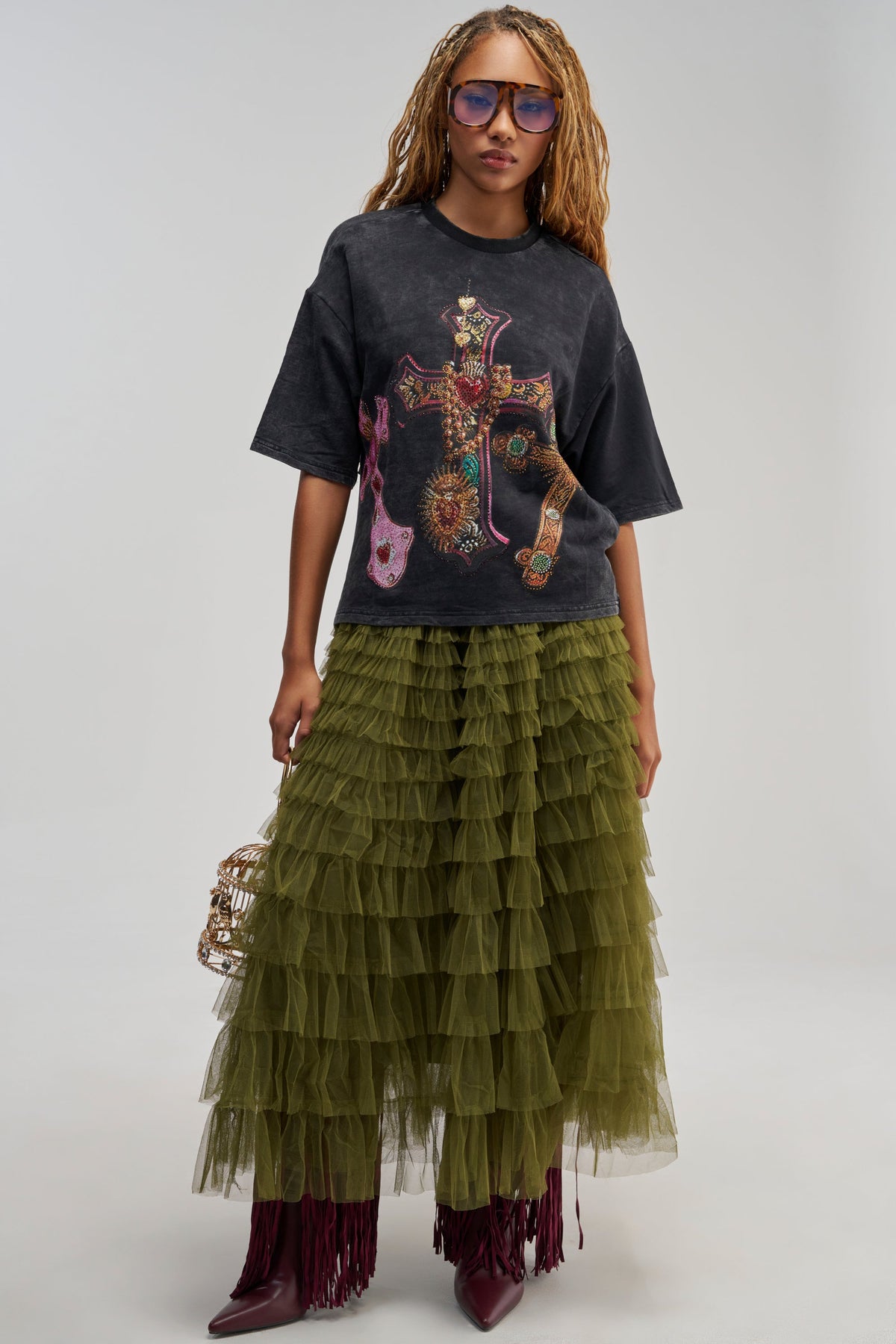 STARS ALIGNED MESH RUFFLE MAXI SKIRT