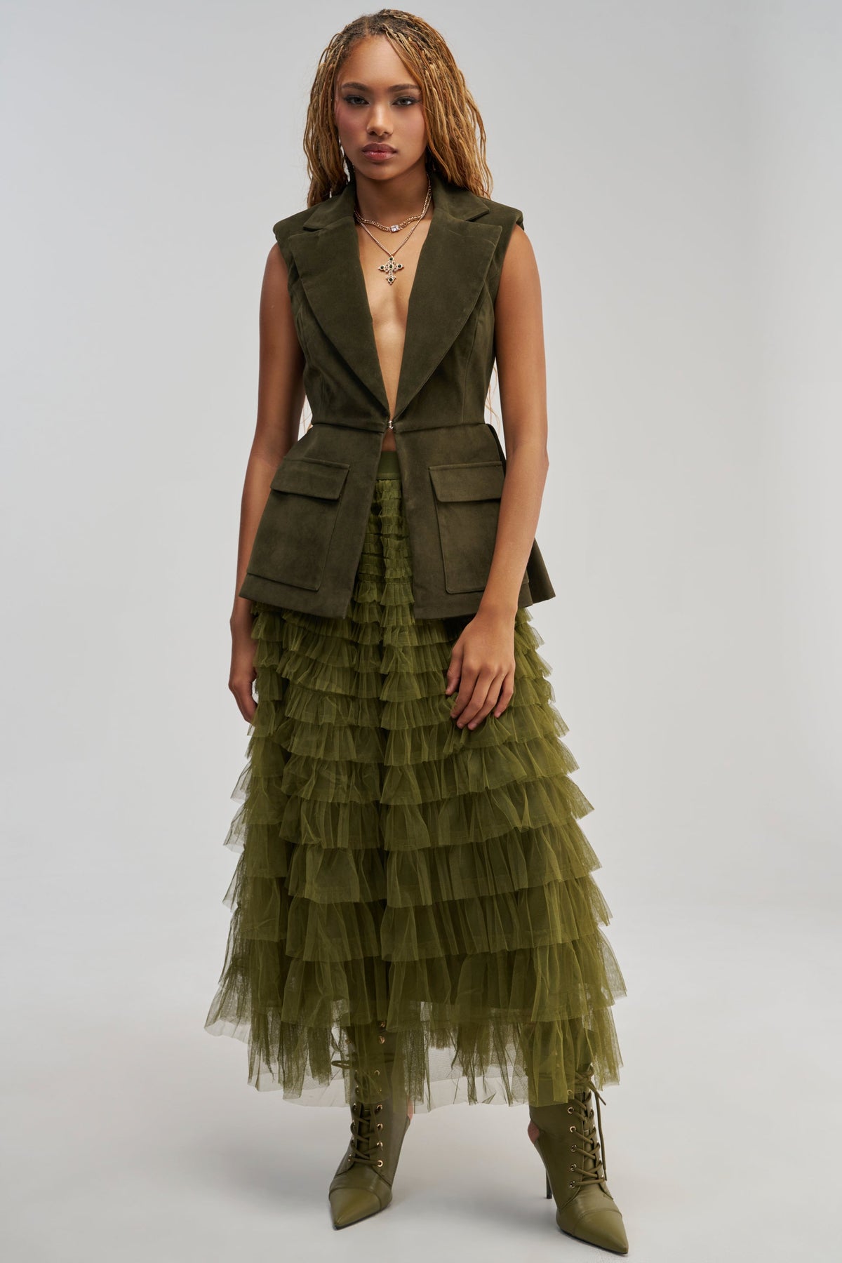 STARS ALIGNED MESH RUFFLE MAXI SKIRT