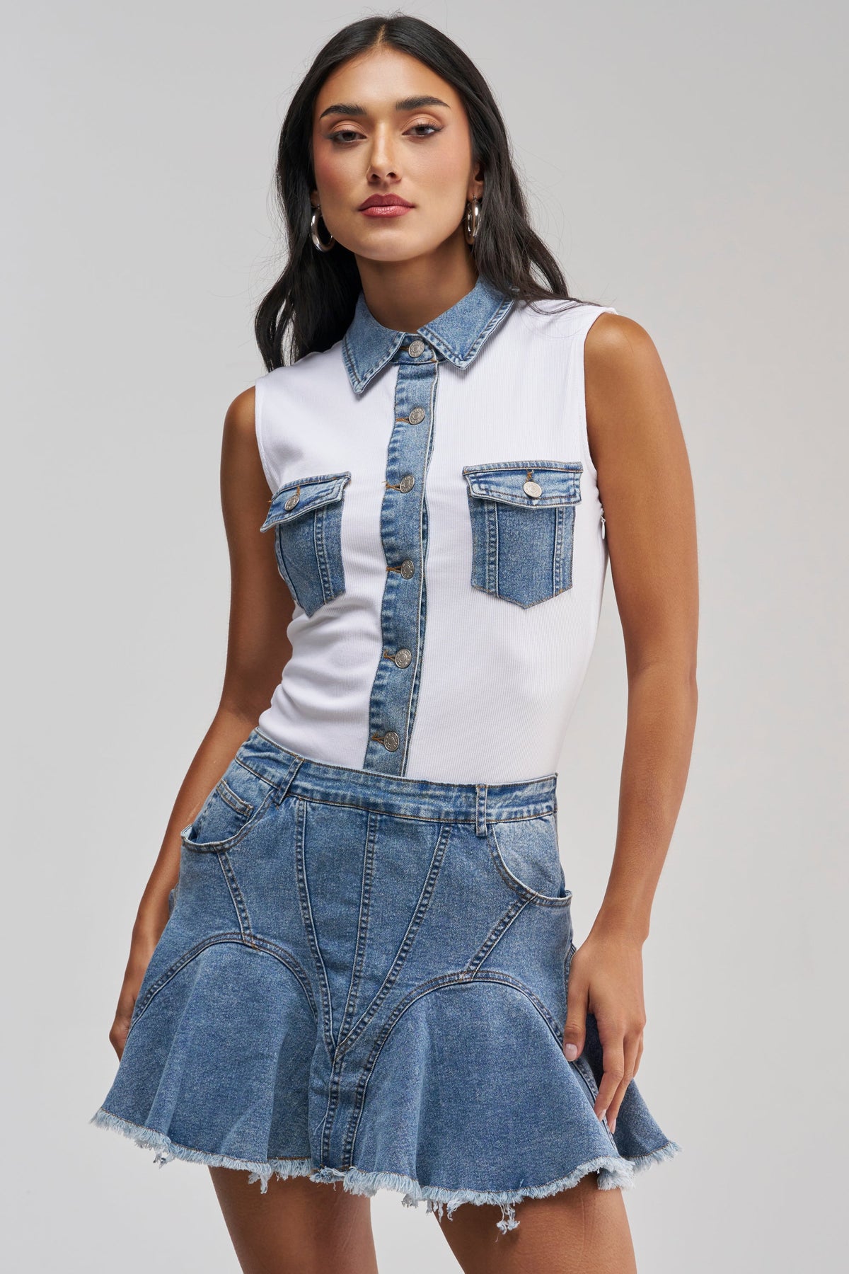 JULIETTE KNIT DENIM SLEEVELESS MINI DRESS