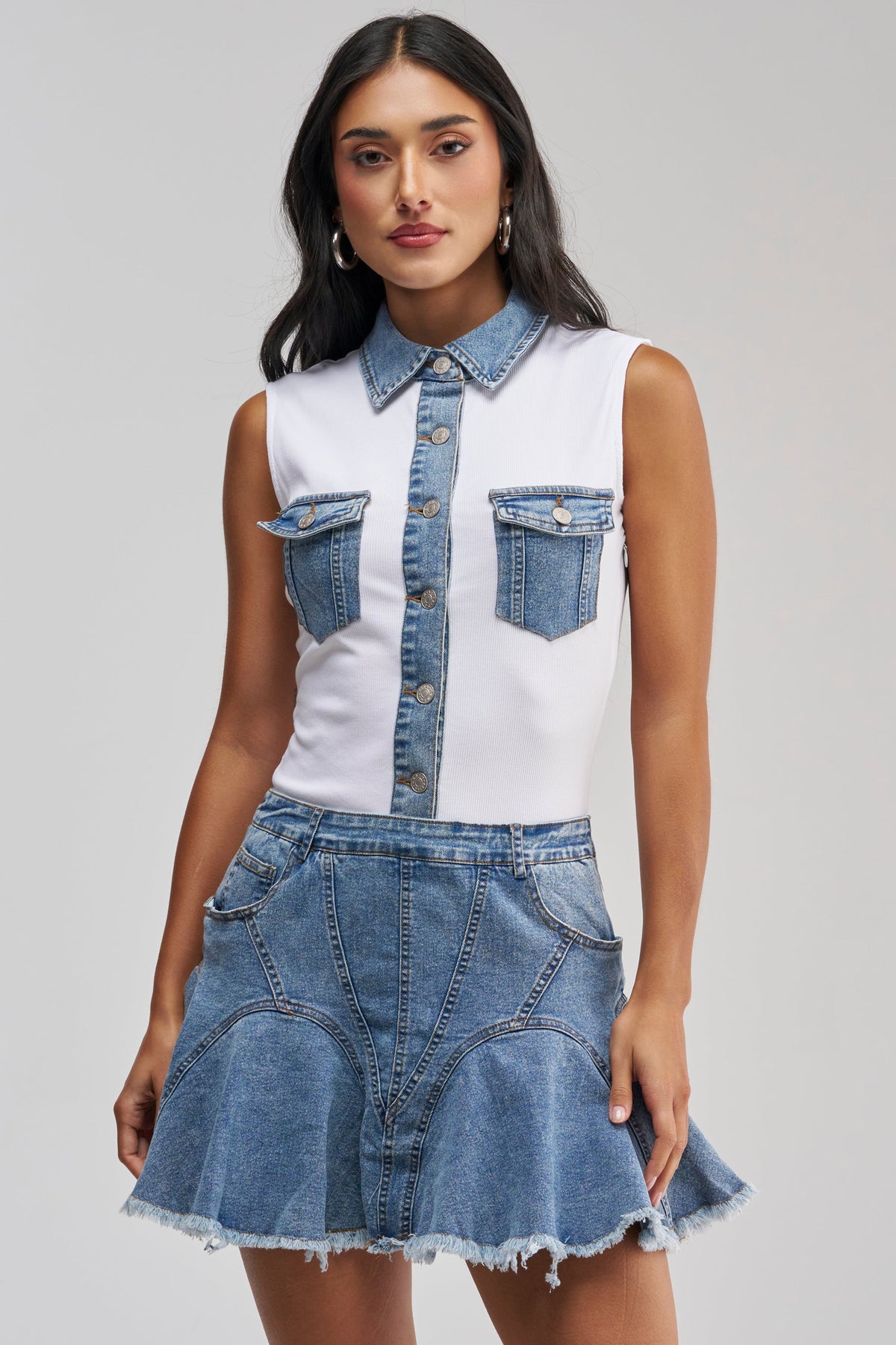 JULIETTE KNIT DENIM SLEEVELESS MINI DRESS