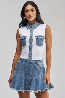 JULIETTE KNIT DENIM SLEEVELESS MINI DRESS