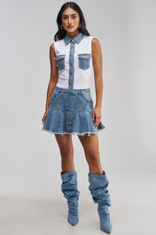 JULIETTE KNIT DENIM SLEEVELESS MINI DRESS