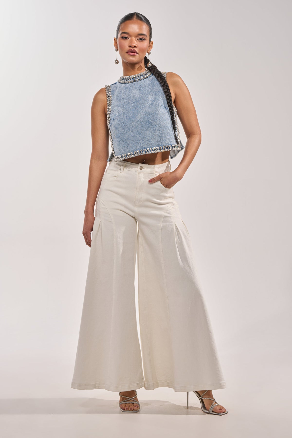 POPPING OUT RHINESTONE DENIM BLOUSE