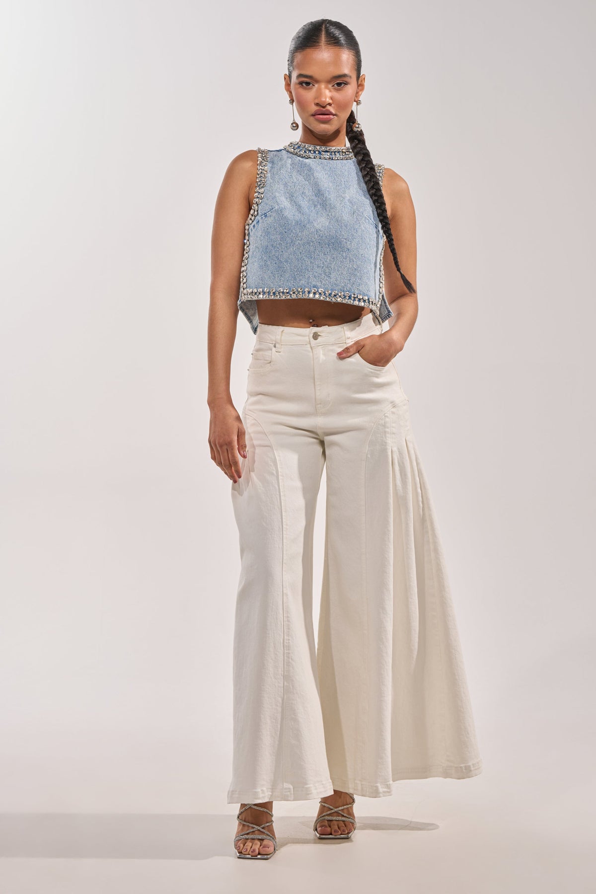 POPPING OUT RHINESTONE DENIM BLOUSE