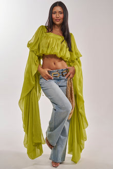 SLOUCHY SQUARE NECK LONG SLEEVE BLOUSE TOP IN CHARTREUSE