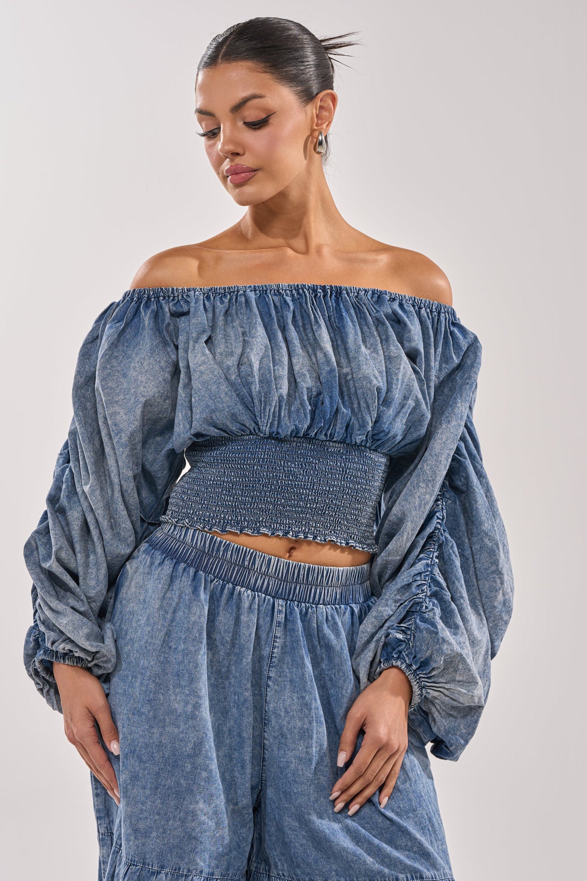DENIM FOR DAYS OFF THE SHOULDER TOP