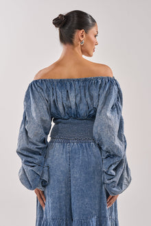 DENIM FOR DAYS OFF THE SHOULDER TOP