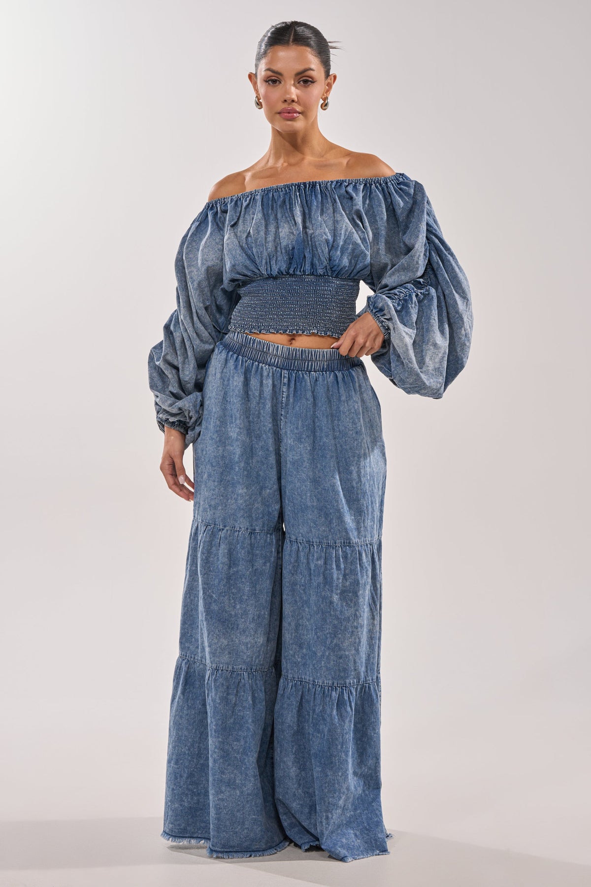 DENIM FOR DAYS OFF THE SHOULDER TOP