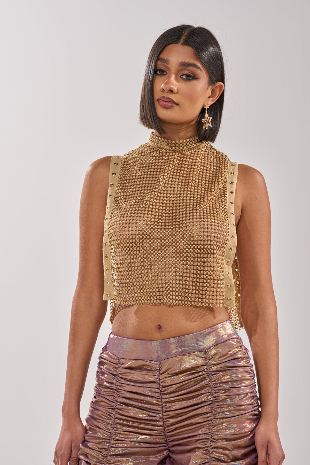 TEARS IN THE CLUB OPEN SIDES MOCK NECK RHINESTONE MESH BLOUSE