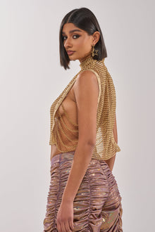 TEARS IN THE CLUB OPEN SIDES MOCK NECK RHINESTONE MESH BLOUSE