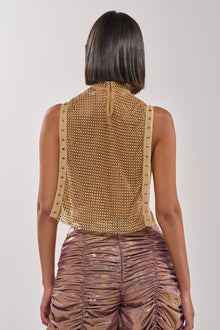 TEARS IN THE CLUB OPEN SIDES MOCK NECK RHINESTONE MESH BLOUSE