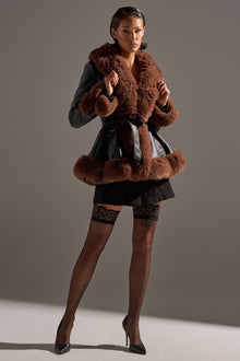 KENZY FUR TRIM PEPLUM MOTO IN BLACK BROWN
