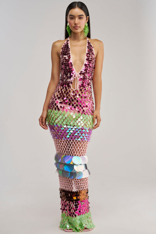 PARTY CRASHER SEQUIN MAXI DRESS IN GREEN MULTI
