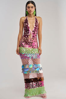 PARTY CRASHER SEQUIN MAXI DRESS IN GREEN MULTI