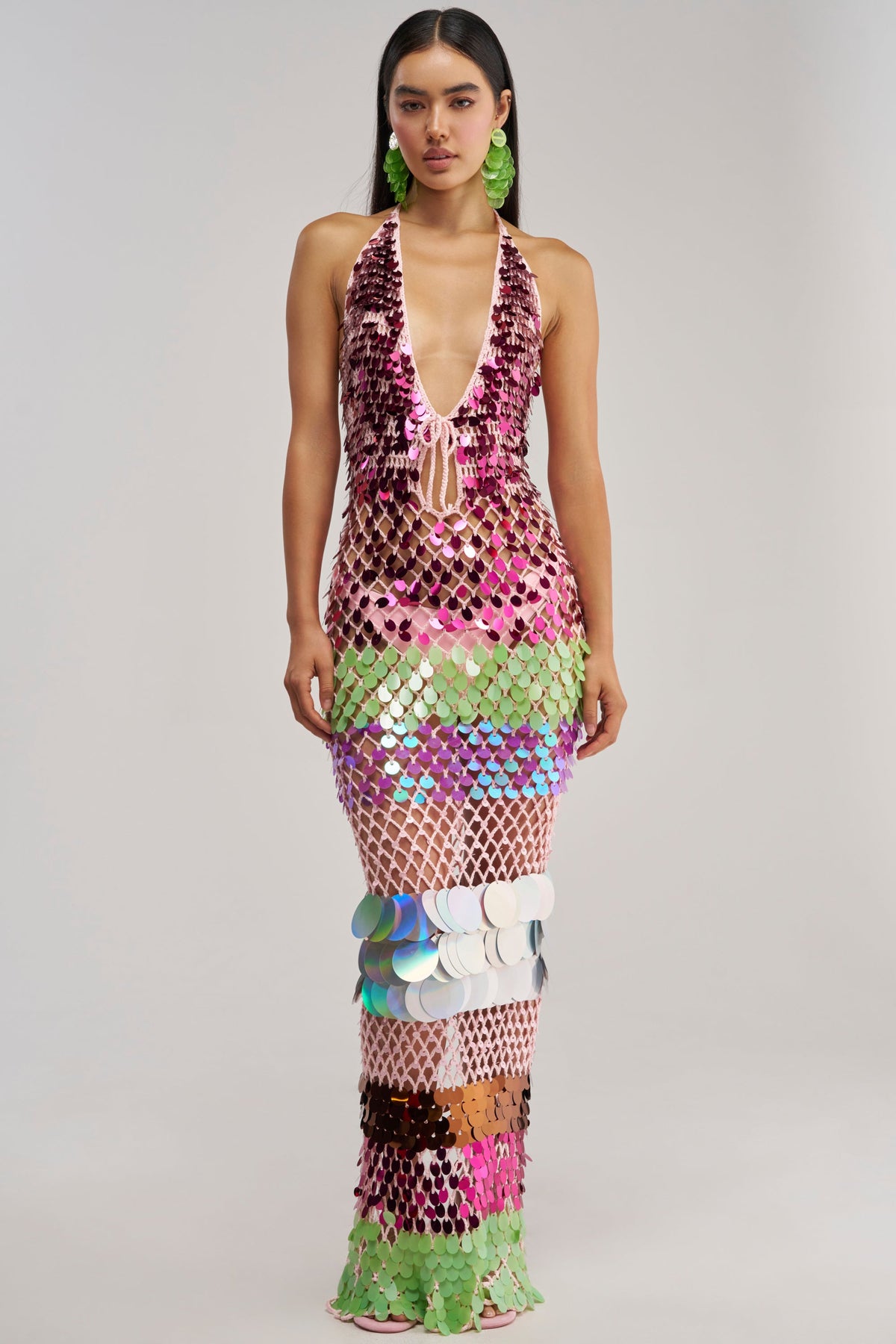 PARTY CRASHER SEQUIN MAXI DRESS IN GREEN MULTI