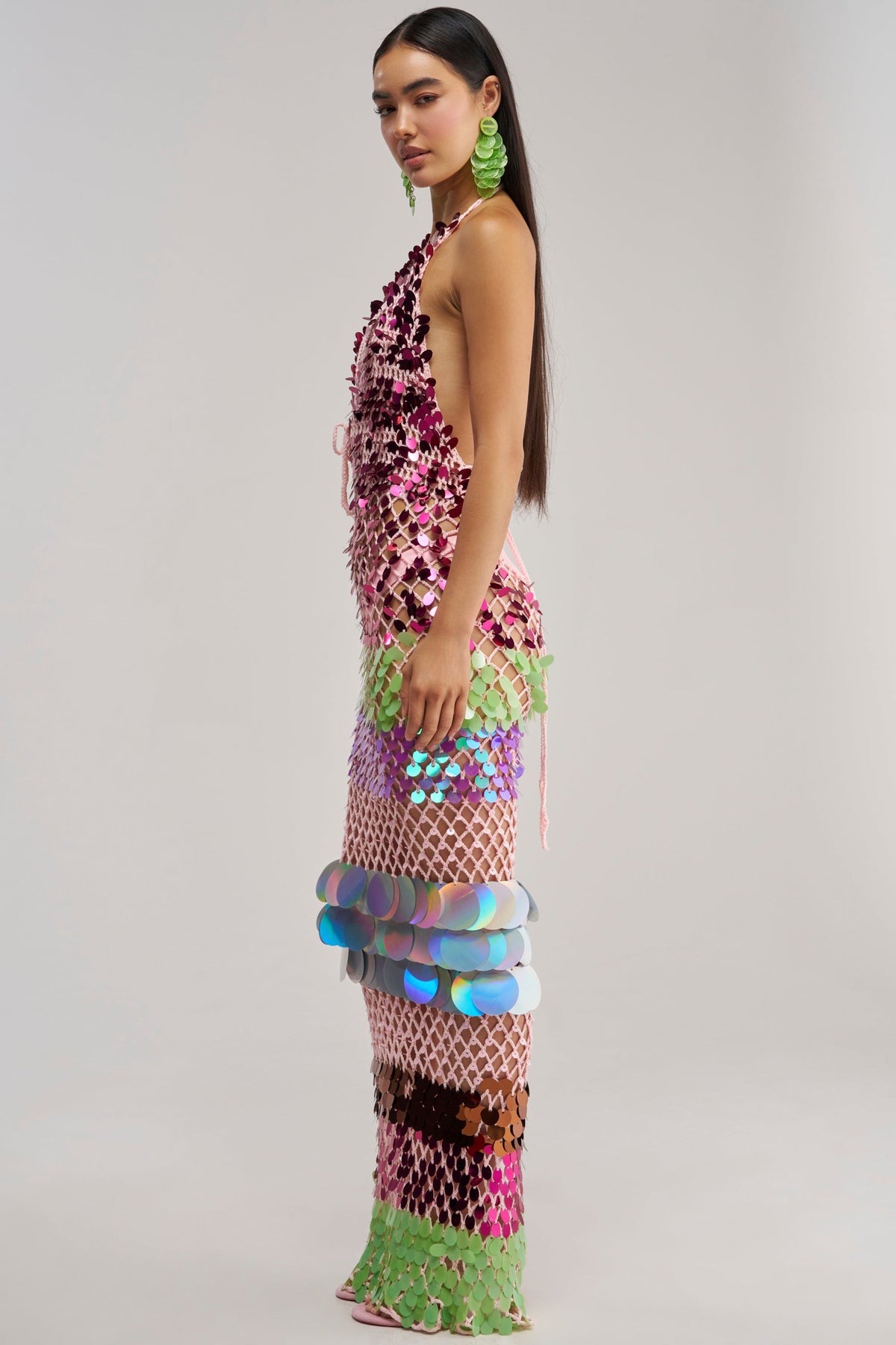 PARTY CRASHER SEQUIN MAXI DRESS IN GREEN MULTI