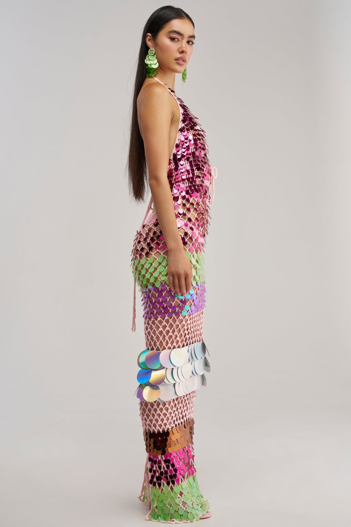 PARTY CRASHER SEQUIN MAXI DRESS IN GREEN MULTI