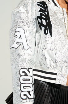 REELA SILVER BROCADE BOMBER JACKET IN SILVER
