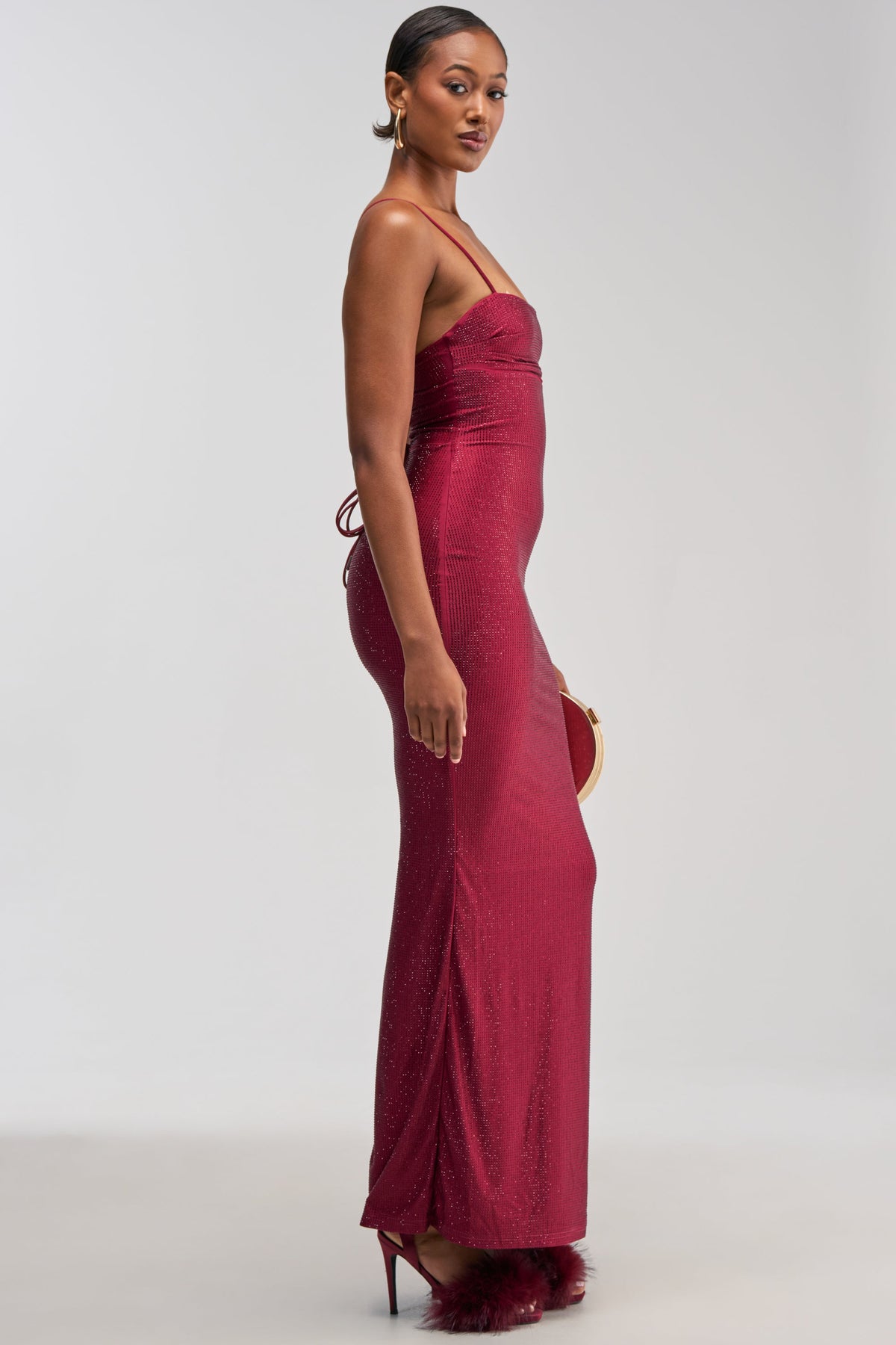 SOCIAL ROYALTY RHINESTONE MAXI DRESS IN BURGUNDY