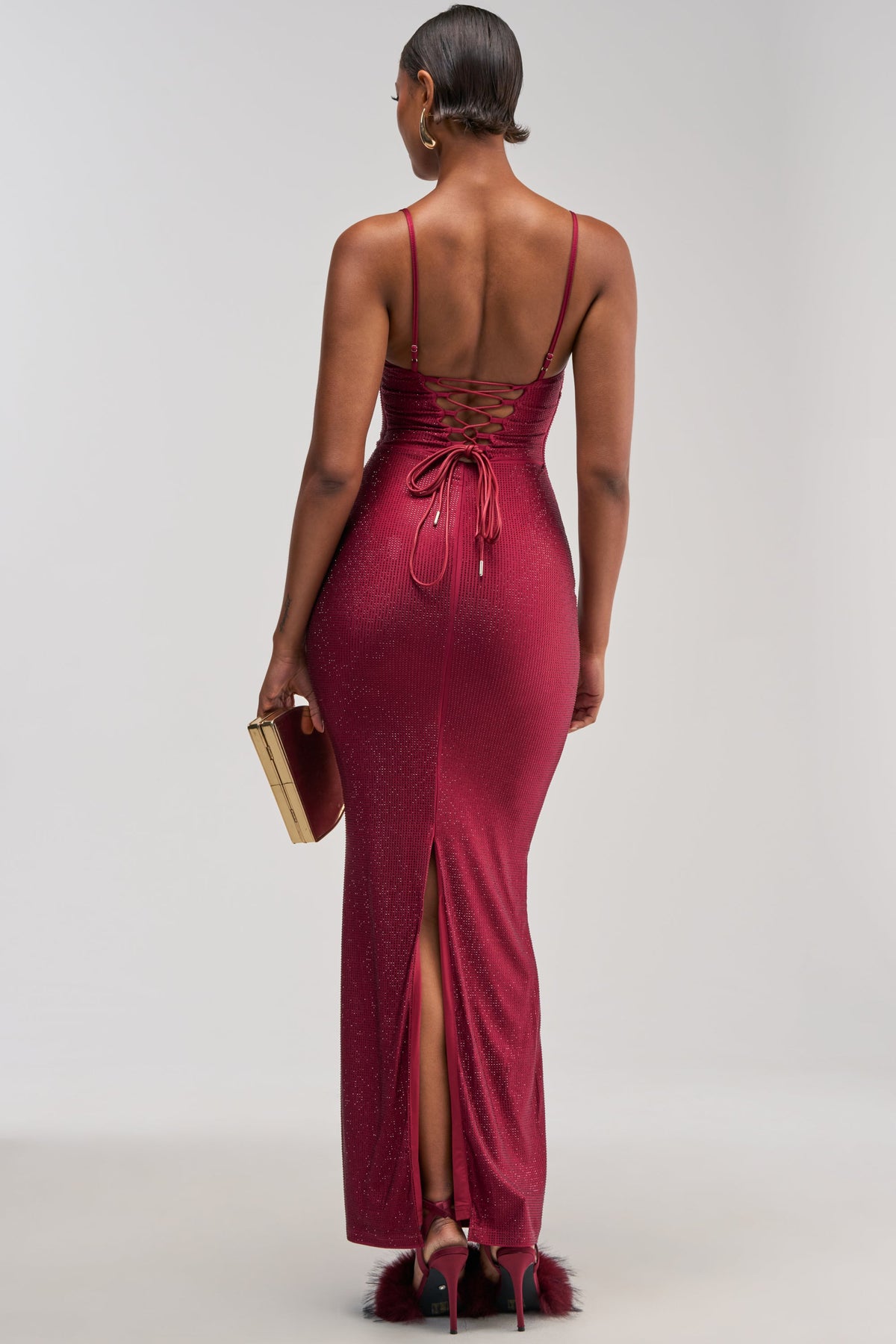 SOCIAL ROYALTY RHINESTONE MAXI DRESS IN BURGUNDY