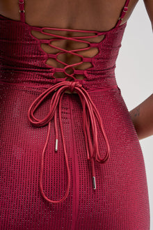 SOCIAL ROYALTY RHINESTONE MAXI DRESS IN BURGUNDY